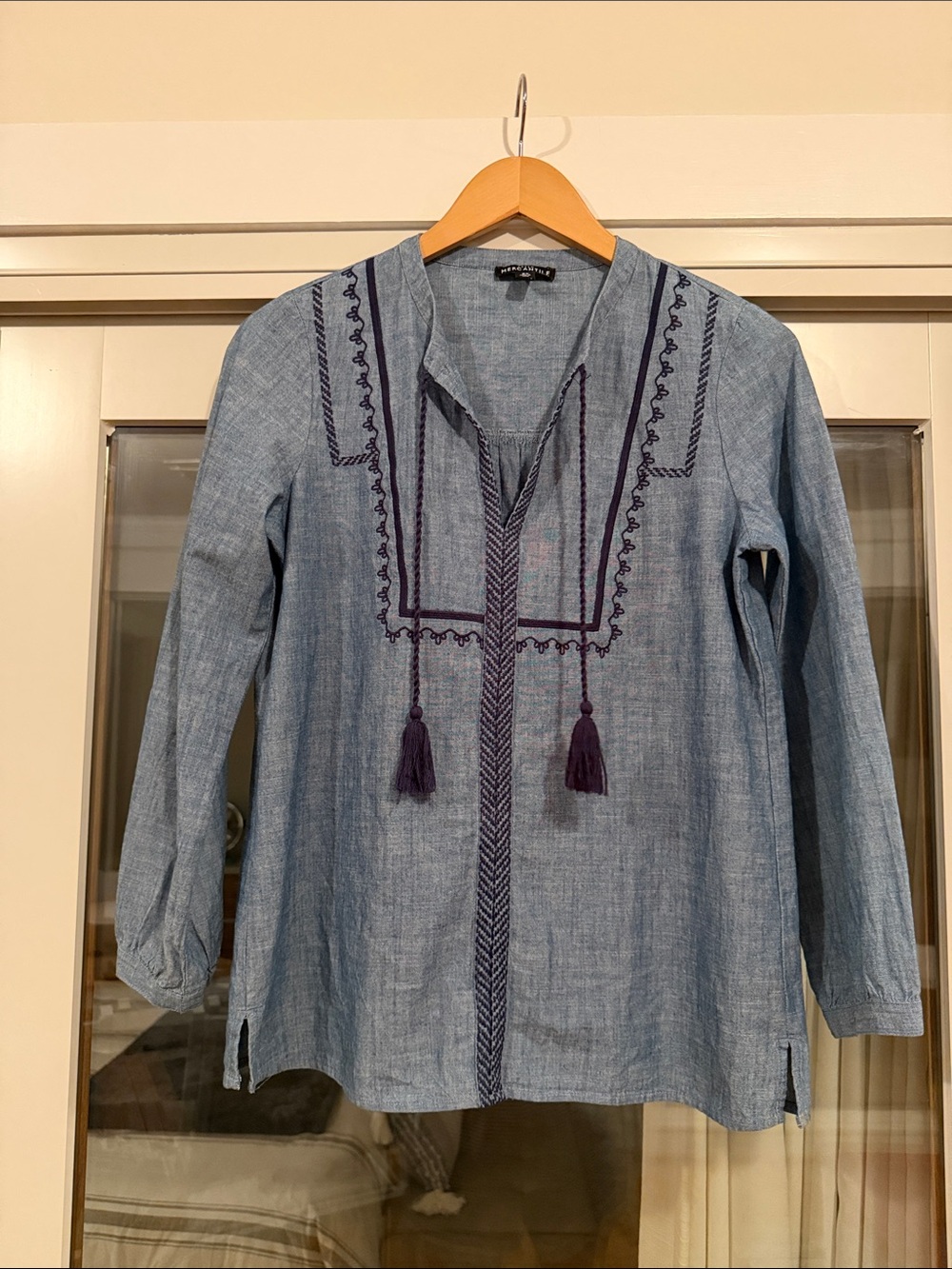J. Crew Mercantile Chambray Tunic with Navy Embroidery and Tassels